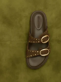 Studded Buckled Double-Strap Slides