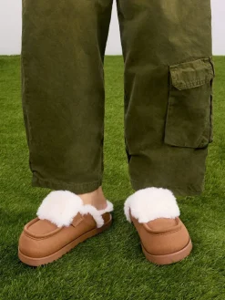 Textured Fur-Trim Flatform Mules