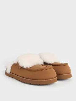 Textured Fur-Trim Flatform Mules