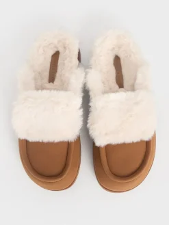 Textured Fur-Trim Flatform Mules