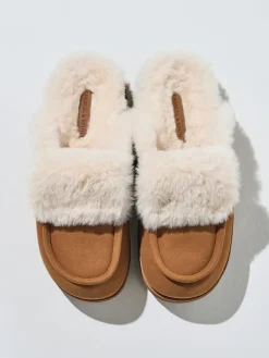 Textured Fur-Trim Flatform Mules